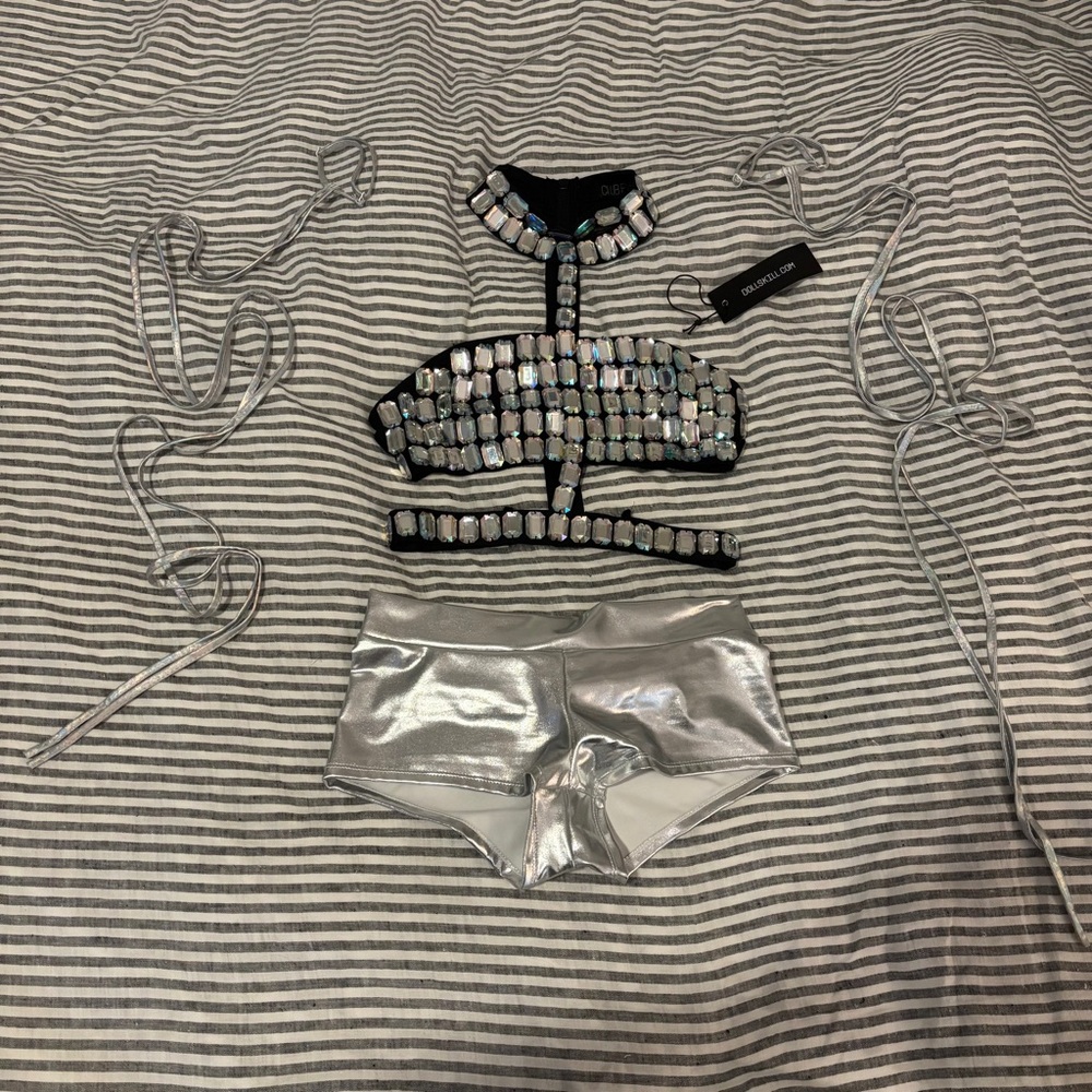 LUST SPARKS RHINESTONE HARNESS TOP shorts/accessories set, dolls kill club exx
